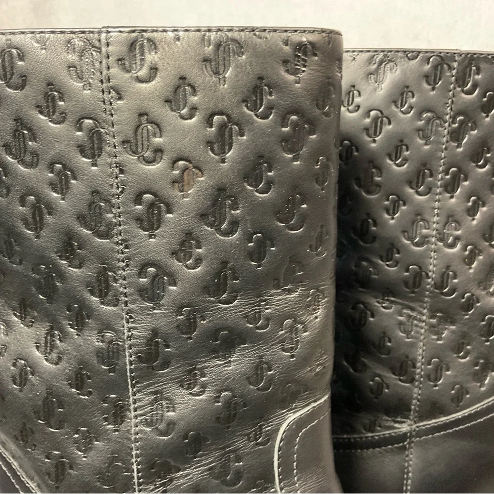 Jimmy Choo Monogram Embossed Leather Wedge Boots- Black- Barely Worn- Size 37.5 - Picture 9 of 14